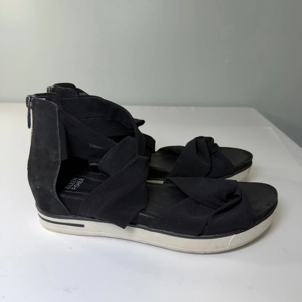 Eileen Fisher Zanya Black Mesh Elastic Suede Platform Sandal Back Zip Womens 8.5